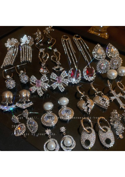 Gümüş Iğne Işık Lüks Moda Elmas Zirkonya Çiçekler Püskül Küpe Soğuk Küpe Net Kırmızı (Yurt Dışından) fiyatları