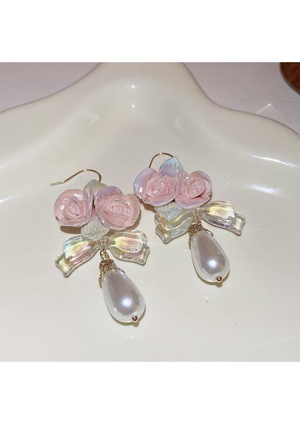 Gümüş Iğne Moda Pembe Tatlı Çiçekler ile Elmas Kristal Püskül Küpe (Yurt Dışından)