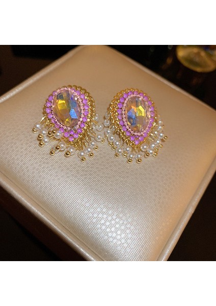 Gümüş Iğne Retro Mor Çiçekler ile Elmas Portre Püskül Küpe (Yurt Dışından)