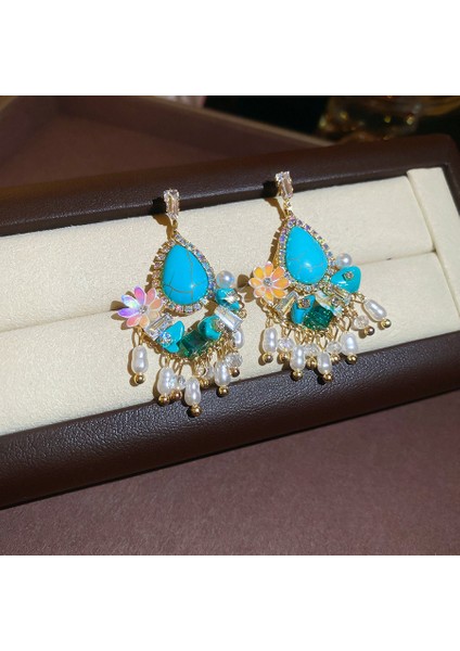 Gümüş Iğne Küçük Taze Mavi Reçine Lı Yuvarlak Küpeler (Yurt Dışından)