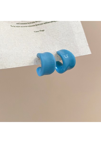 Gümüş Iğne Küçük Taze Mavi Reçine Lı Yuvarlak Küpeler (Yurt Dışından)