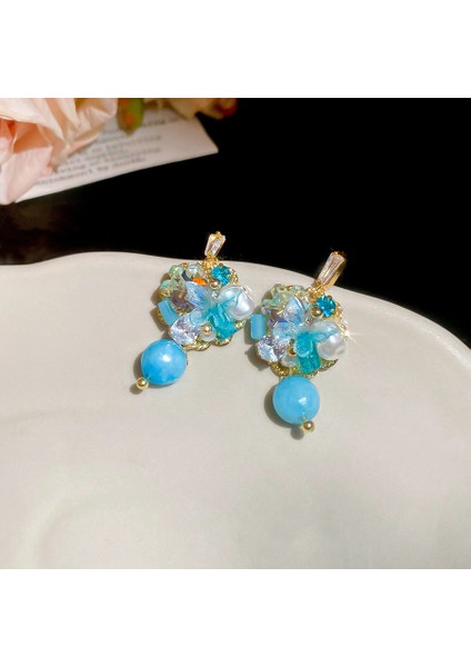 Gümüş Iğne Küçük Taze Mavi Reçine Lı Yuvarlak Küpeler (Yurt Dışından)