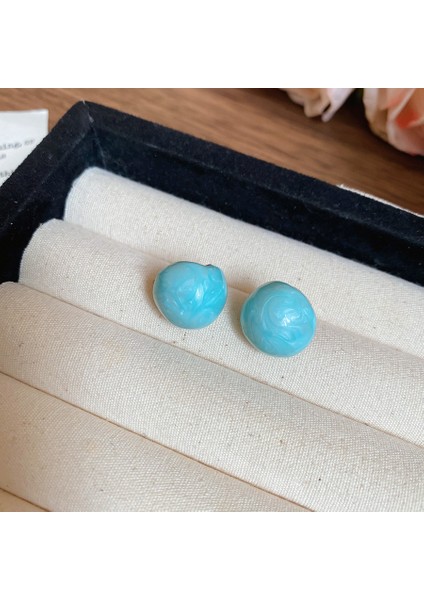 Gümüş Iğne Küçük Taze Mavi Reçine Lı Yuvarlak Küpeler (Yurt Dışından)