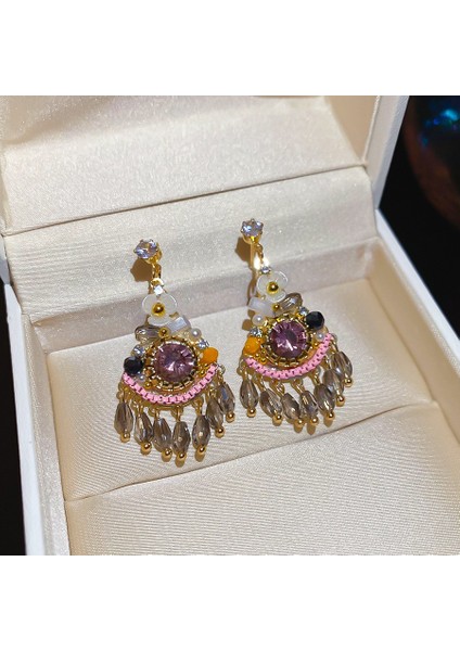 Geometrik Renkli Çiçekler Zirkonya Püskül Küpe Kadın (Yurt Dışından)