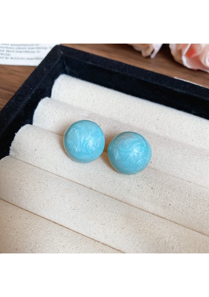 Gümüş Iğne Küçük Taze Mavi Reçine Lı Yuvarlak Küpeler (Yurt Dışından)