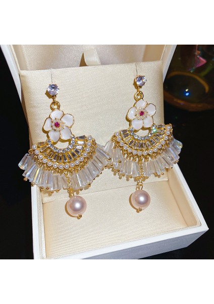 Geometrik Renkli Çiçekler Zirkonya Püskül Küpe Kadın (Yurt Dışından)