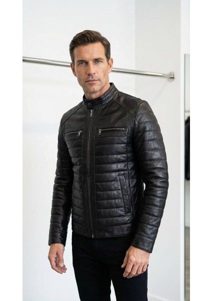 Erkek Siyah %100 Hakiki Deri Kapitone Şişme Mont - Slim Fit Hakim Yaka Kışlık Ceket