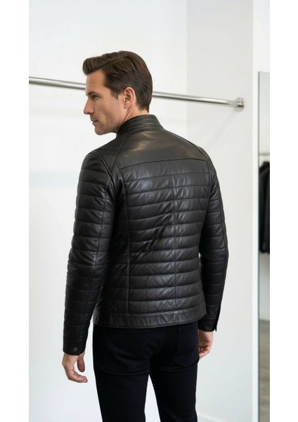 Erkek Siyah %100 Hakiki Deri Kapitone Şişme Mont - Slim Fit Hakim Yaka Kışlık Ceket fiyatları
