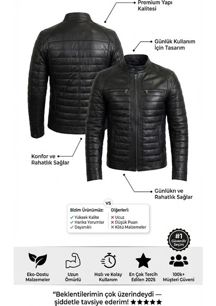 Erkek Siyah %100 Hakiki Deri Kapitone Şişme Mont - Slim Fit Hakim Yaka Kışlık Ceket modelleri