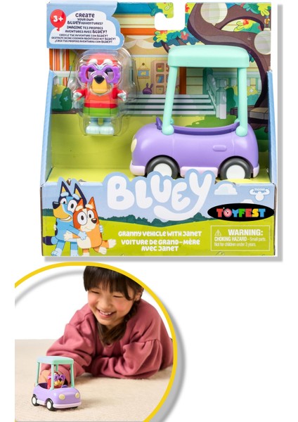 Blueyplus Bluey Büyükannenin Arabası ve Janet Eklemli Figür Oyuncak Seti Şirin Çocuk Araba Boyu 7 cm