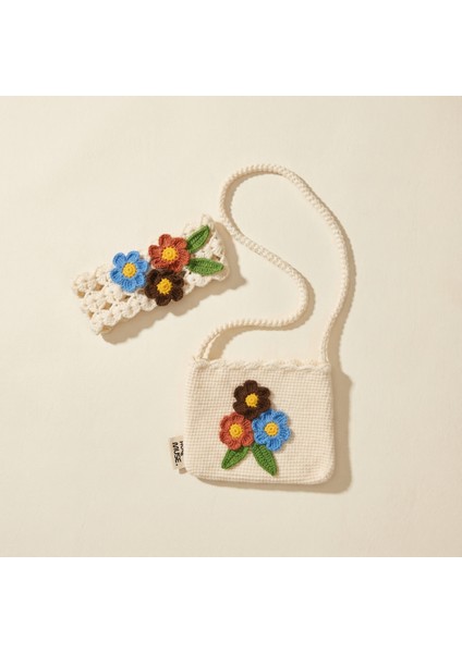 El Örgüsü Kız Çocuk Omuz Çantası ve Saç Bandı Seti - Cozy Petals - Toprak Tonlu - Krem