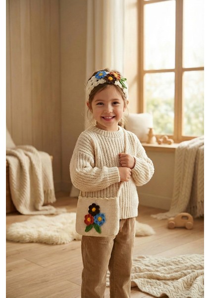 El Örgüsü Kız Çocuk Omuz Çantası ve Saç Bandı Seti - Cozy Petals - Toprak Tonlu - Krem modelleri
