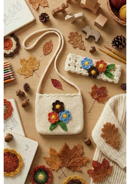 El Örgüsü Kız Çocuk Omuz Çantası ve Saç Bandı Seti - Cozy Petals - Toprak Tonlu - Krem indirimleri