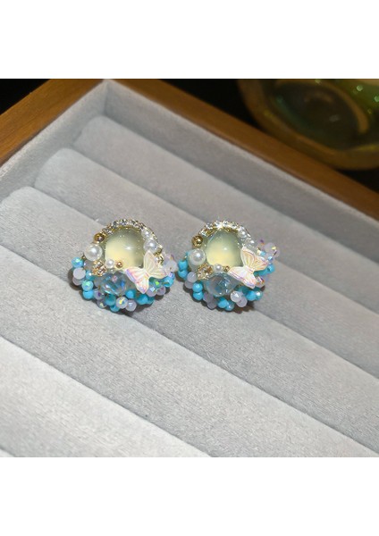 Gümüş Iğne Küçük Taze Mavi Reçine Lı Yuvarlak Küpeler Hafif Lüks Kıdemli Küpe Anlayışı Niş Mori Mizaç Küpeleri (Yurt Dışından)