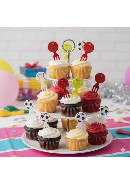 Spor Topları Desenli Mini Çatal Seti – 8 Adet Atıştırmalık ve Sunum Çatalı