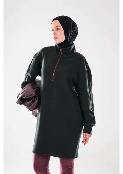 2297_KADIN Fermuarlı Dik Yaka Ara Biye Detaylı Tesettür Tunik – Pamuklu Pike Kumaş, Şık Spor Elbise fiyatları