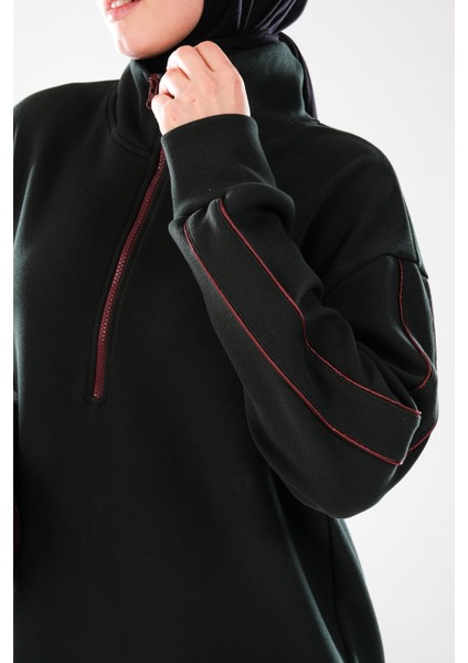 2297_KADIN Fermuarlı Dik Yaka Ara Biye Detaylı Tesettür Tunik – Pamuklu Pike Kumaş, Şık Spor Elbise modelleri