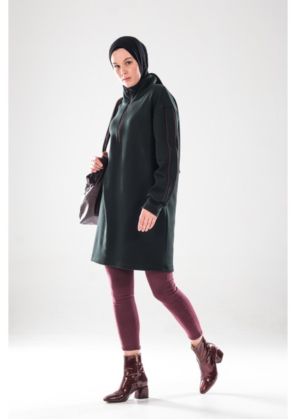 2297_KADIN Fermuarlı Dik Yaka Ara Biye Detaylı Tesettür Tunik – Pamuklu Pike Kumaş, Şık Spor Elbise fırsatları