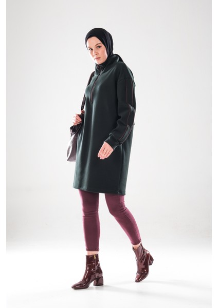 2297_KADIN Fermuarlı Dik Yaka Ara Biye Detaylı Tesettür Tunik – Pamuklu Pike Kumaş, Şık Spor Elbise indirimleri