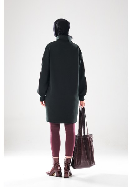 2297_KADIN Fermuarlı Dik Yaka Ara Biye Detaylı Tesettür Tunik – Pamuklu Pike Kumaş, Şık Spor Elbise