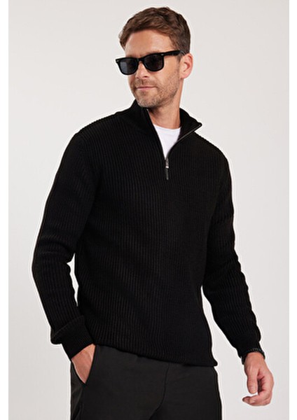 Erkek Slim Fit Dar Kesim Siyah Kazak Fermuarlı Dik Yaka Günlük Stil