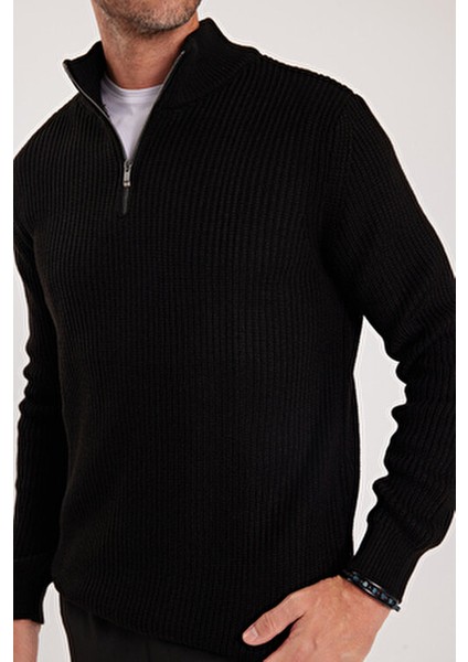 Erkek Slim Fit Dar Kesim Siyah Kazak Fermuarlı Dik Yaka Günlük Stil