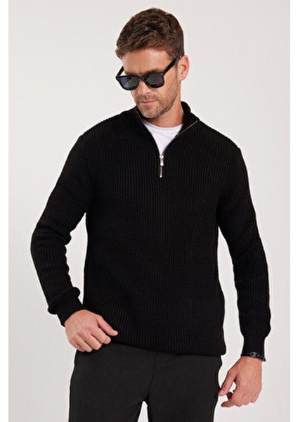 Erkek Slim Fit Dar Kesim Siyah Kazak Fermuarlı Dik Yaka Günlük Stil