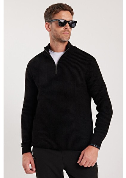 Erkek Slim Fit Dar Kesim Siyah Kazak Fermuarlı Dik Yaka Günlük Stil