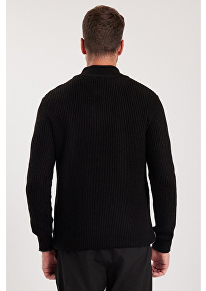 Erkek Slim Fit Dar Kesim Siyah Kazak Fermuarlı Dik Yaka Günlük Stil