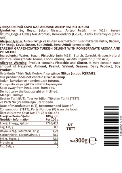 Çifte Kavrulmuş Antep Fıstıklı Zereşk Üzümü Kaplı Nar Aromalı Lokum 300GR fırsatları