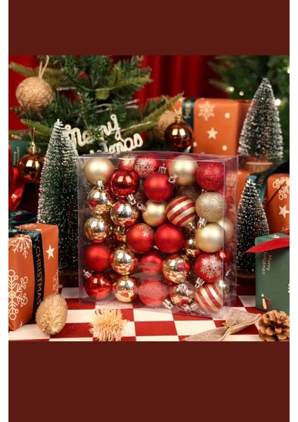 50 Adet 40MM Kırmızı Altın Beyaz Noel Ağacı Süs Topları Seti | 9 Farklı Desen & Hafif Dayanıklı Yılbaşı Dekoru