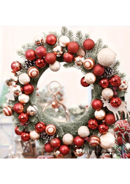 50 Adet 40MM Kırmızı Altın Beyaz Noel Ağacı Süs Topları Seti | 9 Farklı Desen & Hafif Dayanıklı Yılbaşı Dekoru