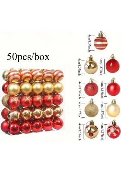 50 Adet 40MM Kırmızı Altın Beyaz Noel Ağacı Süs Topları Seti | 9 Farklı Desen & Hafif Dayanıklı Yılbaşı Dekoru