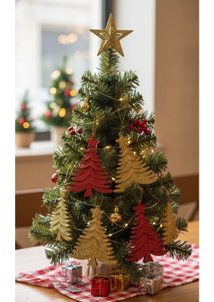 2’li Çam Ağacı Figürlü Yılbaşı Süsü – Simli Kırmızı & Gold