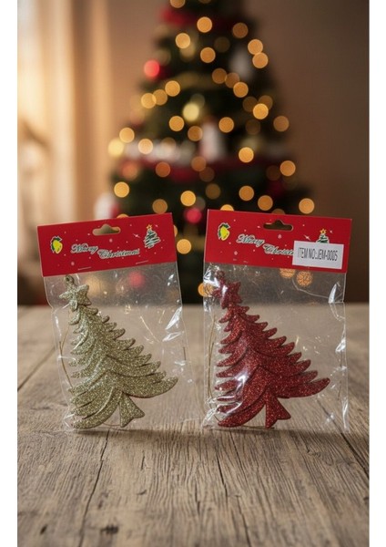 2’li Çam Ağacı Figürlü Yılbaşı Süsü – Simli Kırmızı & Gold fiyatları