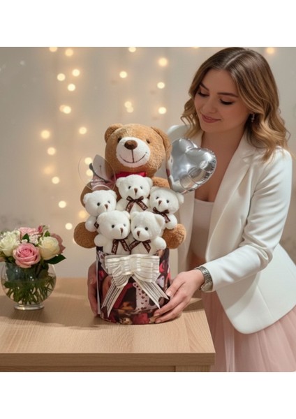 Mesajlı Ayna ve Kalpli Kutuda Kahverengi - Pembe Delüxe Peluş Ayıcık Buketi – Romantik Hediye Seti