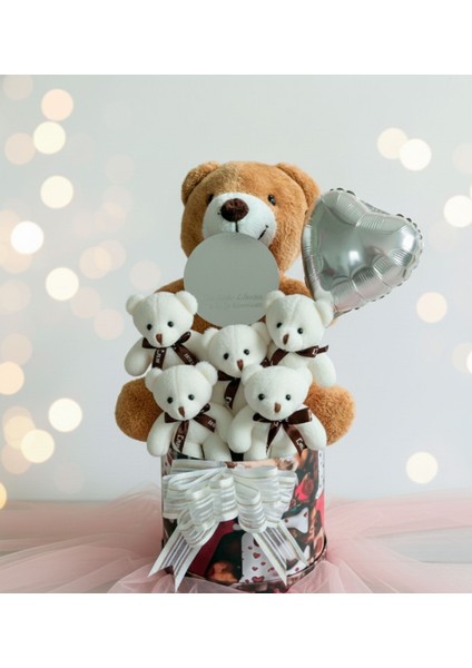 Mesajlı Ayna ve Kalpli Kutuda Kahverengi - Pembe Delüxe Peluş Ayıcık Buketi – Romantik Hediye Seti modelleri