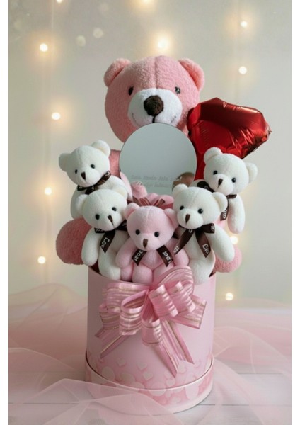 Mesajlı Ayna ve Kalpli Kutuda Pembe Delüxe Peluş Ayıcık Buketi – Romantik Hediye Seti fiyatları