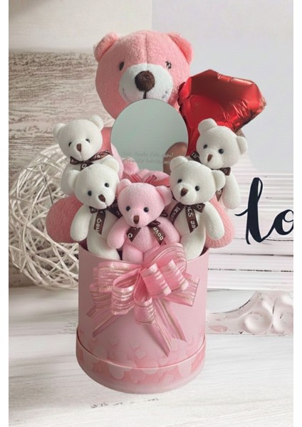 Mesajlı Ayna ve Kalpli Kutuda Pembe Delüxe Peluş Ayıcık Buketi – Romantik Hediye Seti modelleri