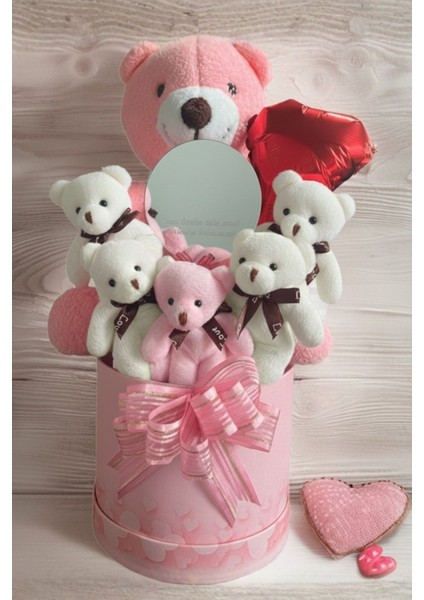 Mesajlı Ayna ve Kalpli Kutuda Pembe Delüxe Peluş Ayıcık Buketi – Romantik Hediye Seti fırsatları