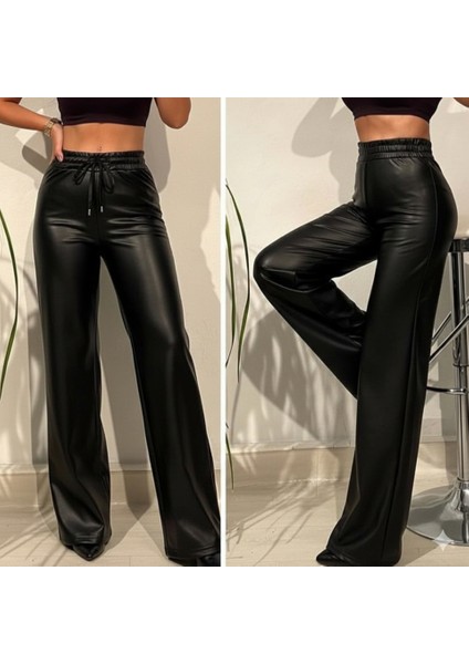Cottonlab Yüksek Bel Geniş Paça Içi Şardonlu Deri Pantolon.