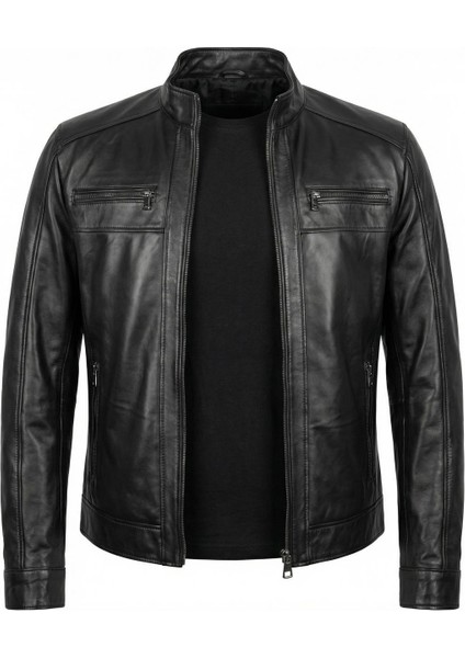 Siyah Hakiki Deri Erkek Mont - Fermuar Detaylı Hakim Yaka Spor Kesim