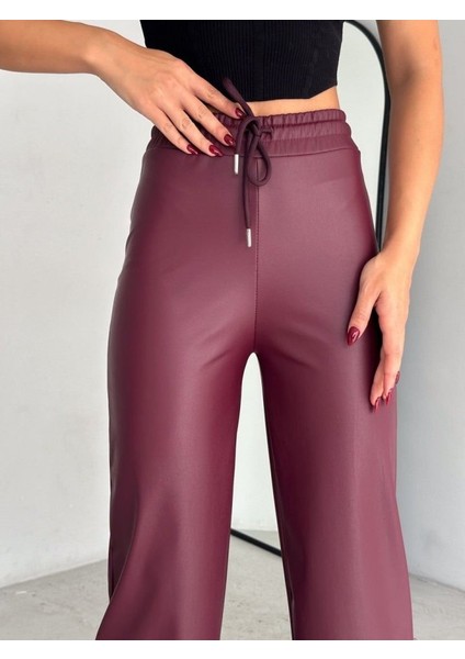 Cottonlab Yüksek Bel Geniş Paça Içi Şardonlu Deri Pantolon.