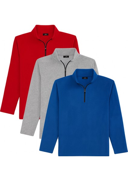 Unisex 3'lü Paket Mavi-Gri-Kırmızı Standart Fit Tüylenme Yapmayan Soğuk Geçirmez Polar Sweatshirt