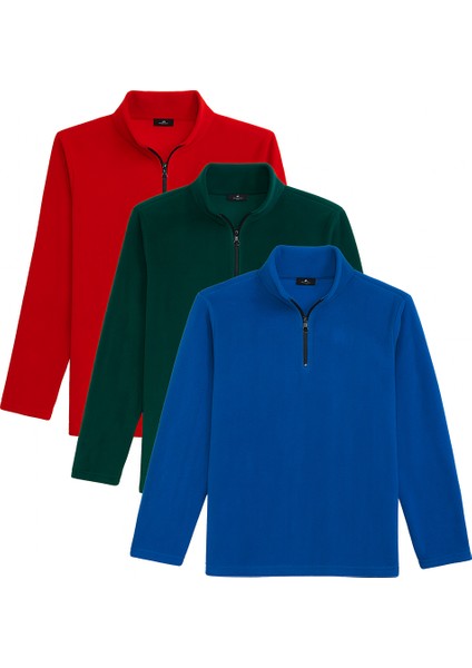 Unisex 3'lü Paket Mavi-Yeşil-Kırmızı Standart Fit Tüylenme Yapmayan Soğuk Geçirmez Polar Sweatshirt