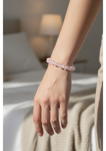 Pembe (Gül) Kuvars Kırıktas Esnek Bileklik – Minimal Doğal Taş Tasarım Özel Hediyelik Takı