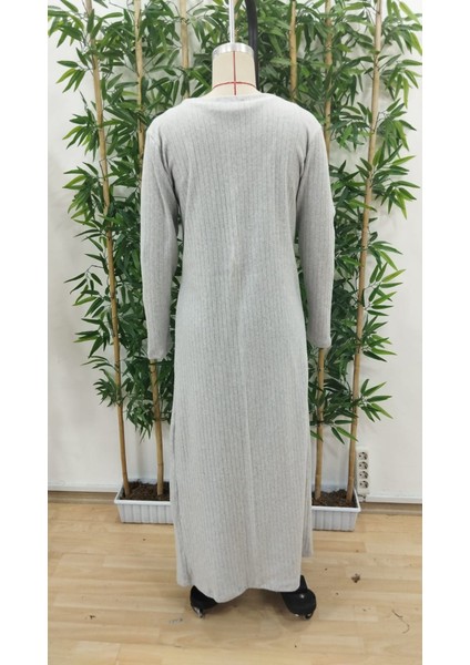 Kadın Yuvarlak Yaka Askılı Krop Bluz Yüksek Bel Tayt ve Uzun Hırka Şardonlu Kaşkorse Üçlü Takım