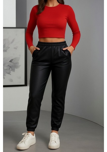 Kadın Paçası Lastikli Cep Detaylı Deri Tayt