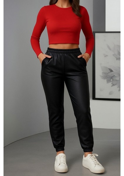 Kadın Paçası Lastikli Cep Detaylı Deri Tayt modelleri