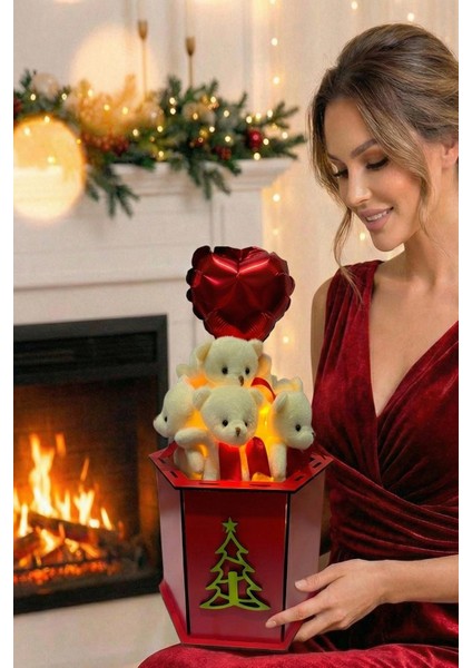 Yeniyıl Özel Seri: Özel Ahşap Kutusunda LED Işıklı, Kalp Balon ve 9 Ayıcıklı Konsept Tasarım Ayıcık Buketi modelleri